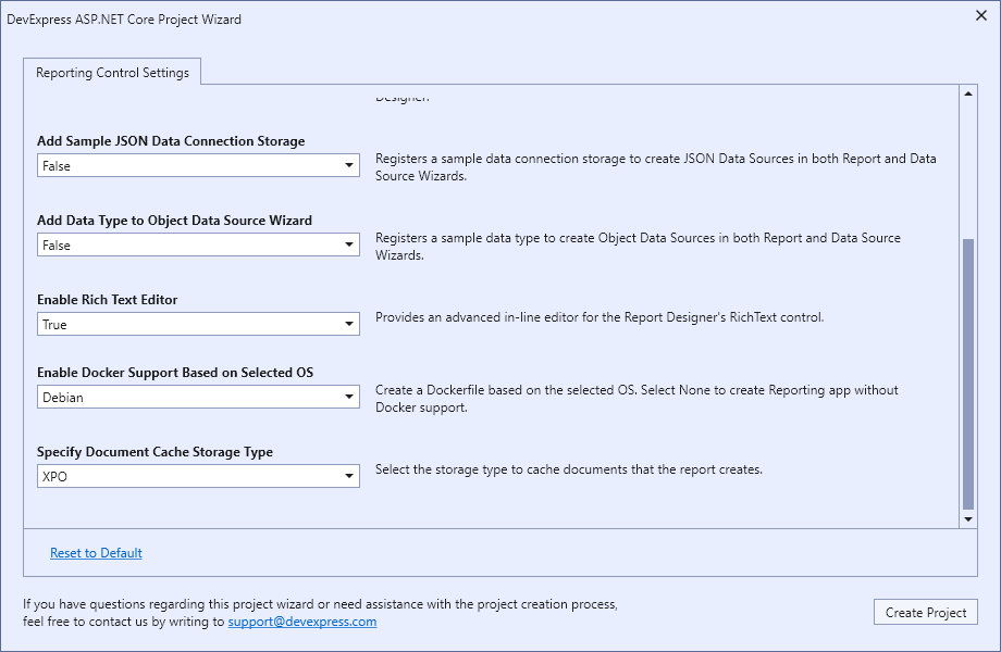 DevExpress ASP.NET Core Project Wizard Settings for AWS Fargate Deployment