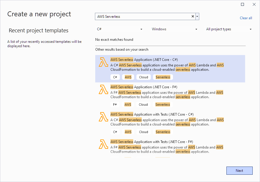 Select AWS Serverless Application Template