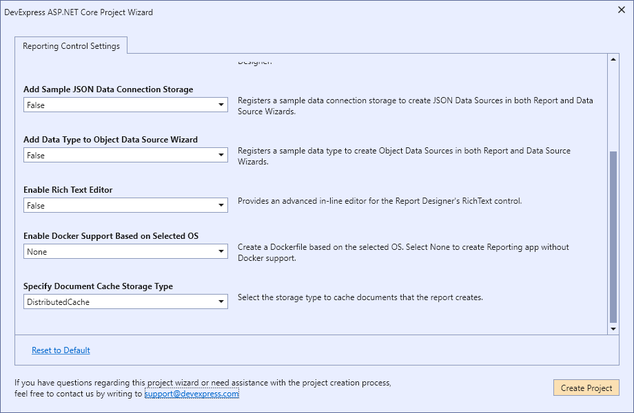 DevExpress ASP.NET Core Project Wizard Settings for Azure Deployment - No Docker