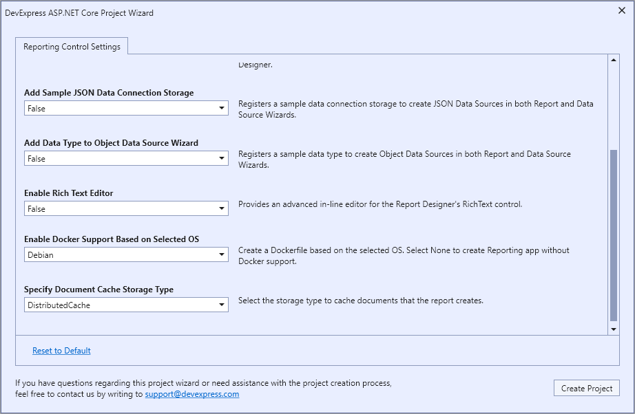 DevExpress ASP.NET Core Project Wizard Settings for Azure Deployment