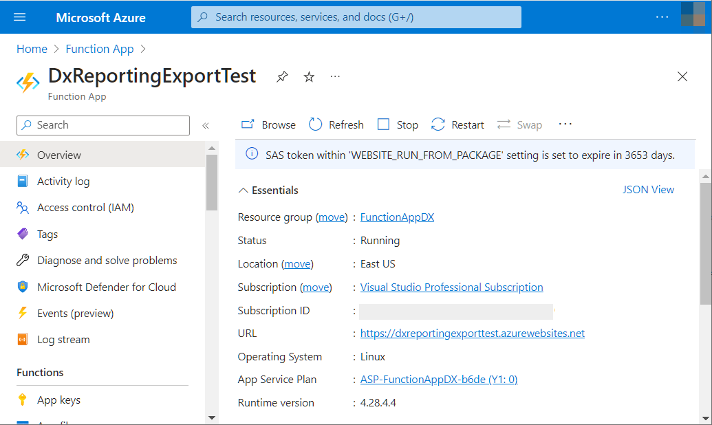 DxReportingExportTest Function App in Azure Portal