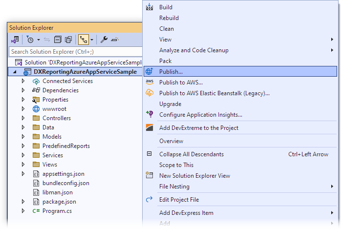 Visual Studio Publish Menu Item