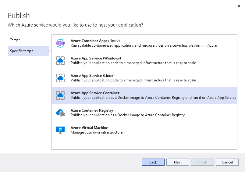 Select the Azure App Service Container