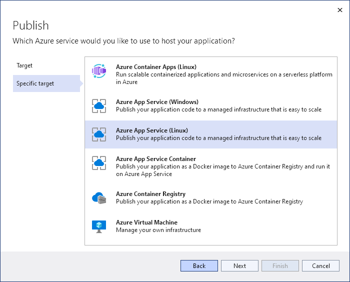 Select the Azure App Service (Linux)