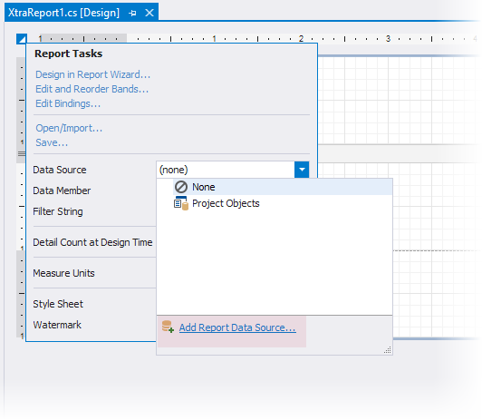 Bind Report to Data Source Designer Action