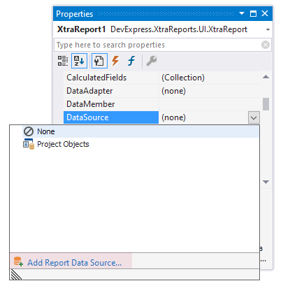 Bind Report to Data Source Designer Properties Window