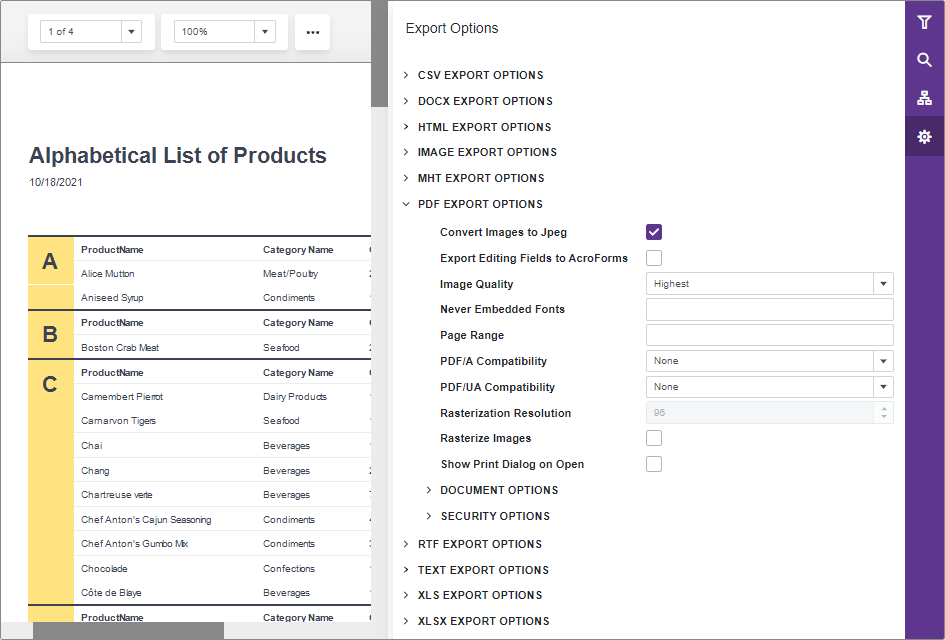 Blazor Report Viewer Export Options Panel