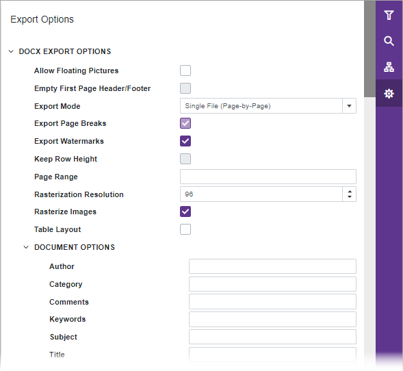 Blazor Report Viewer Export DOCX Options Panel
