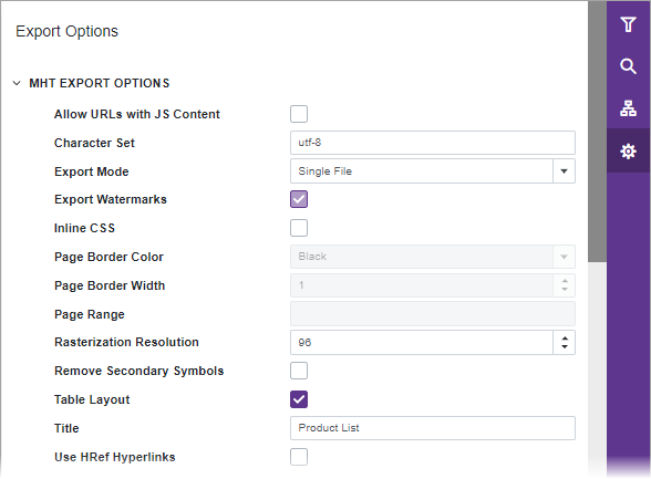 Blazor Report Viewer Export MHT Options Panel