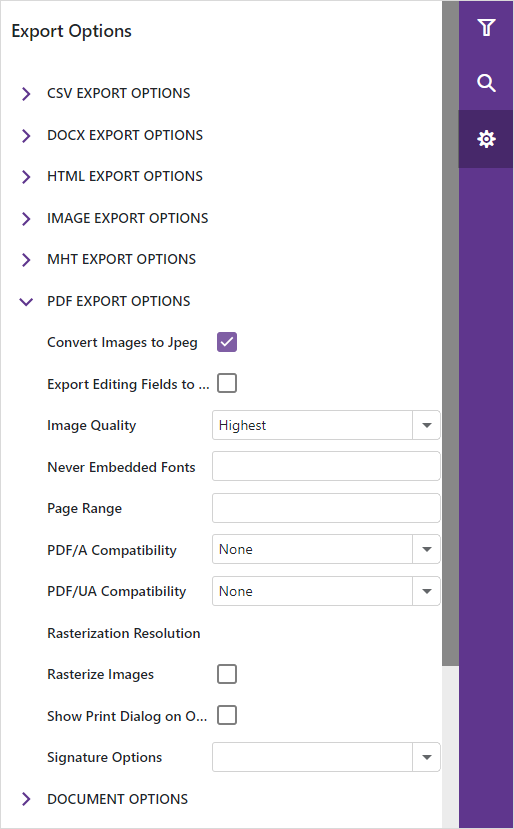 Blazor Report Viewer Export PDF Options Panel