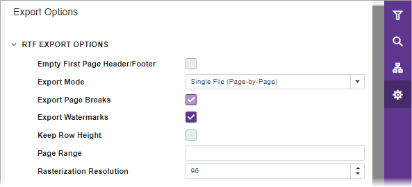 Blazor Report Viewer Export RTF Options Panel