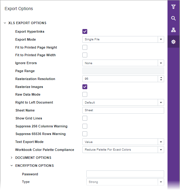 Blazor Report Viewer Export XLS Options Panel