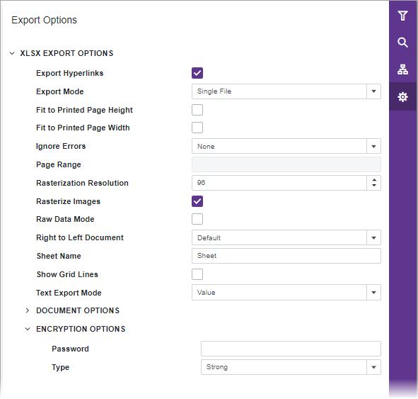 Blazor Report Viewer Export XLSX Options Panel