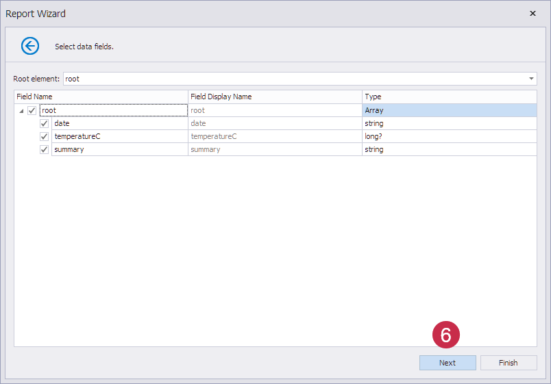 Blazor Report Wizard — Select JSON Data Fields