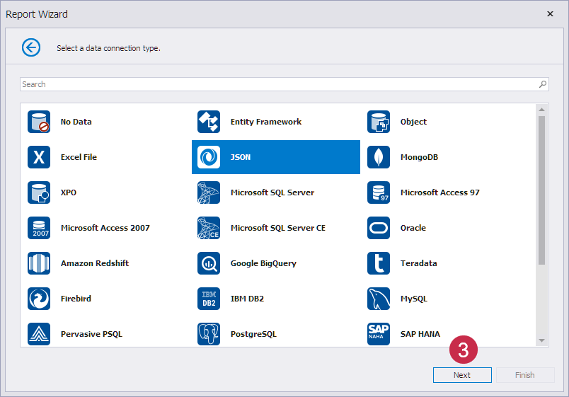 Blazor Report Wizard — Select Data Source Type