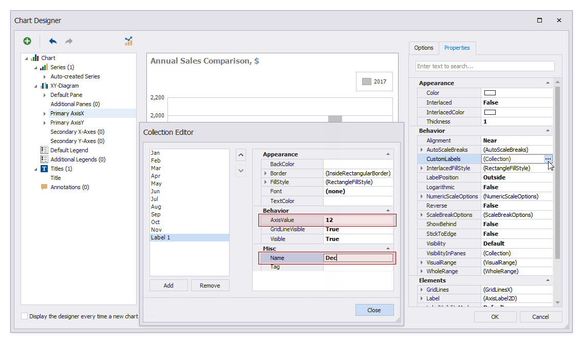 Add month names to the chart's Argument axis. Select the **Primary AxisX** node and switch to the **Properties** tab. Click the **CustomLabels** property's ellipsis button. Add a record for each month in the invoked **Collection Editor**. Click **Close** when done.