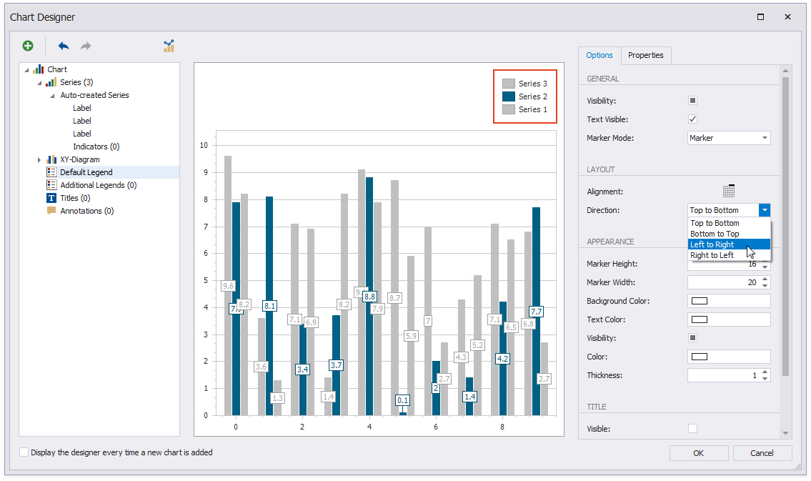 Align the chart legend at the top. Switch to the **Default Legend** node and set the **Alignment** and **Direction** properties.