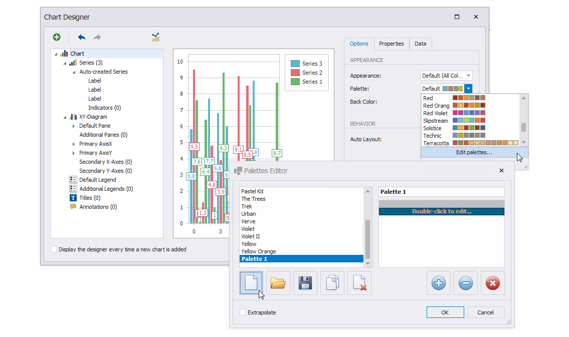 Change the chart palette. Switch to the **Options** tab and expand the **Palette** property's drop-down list. Select a palette for the chart or click **Edit Palettes** to create a new palette.