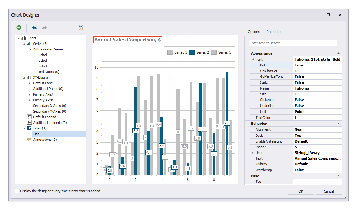 Adjust the title's font settings. Switch to the **Properties** tab and set the font to *Tahoma, 11pt, style=Bold*.