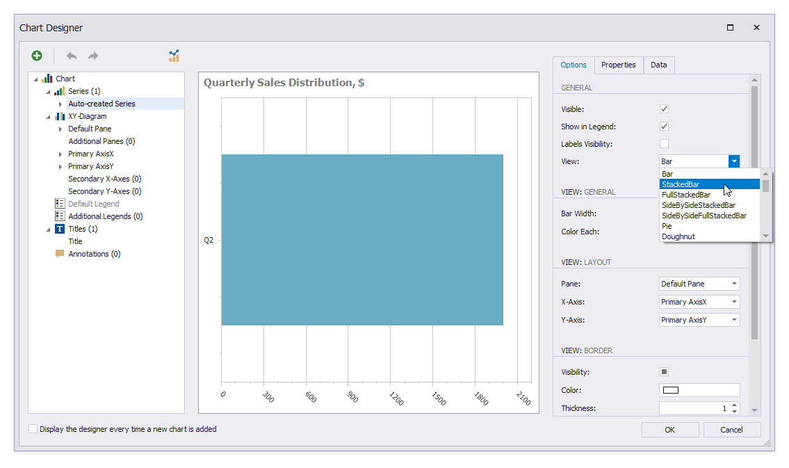 Change the chart's view type. Select the **Auto-created Series** node and set the **View** property to _StackedBar_. Click **OK** to close the **Chart Designer**.