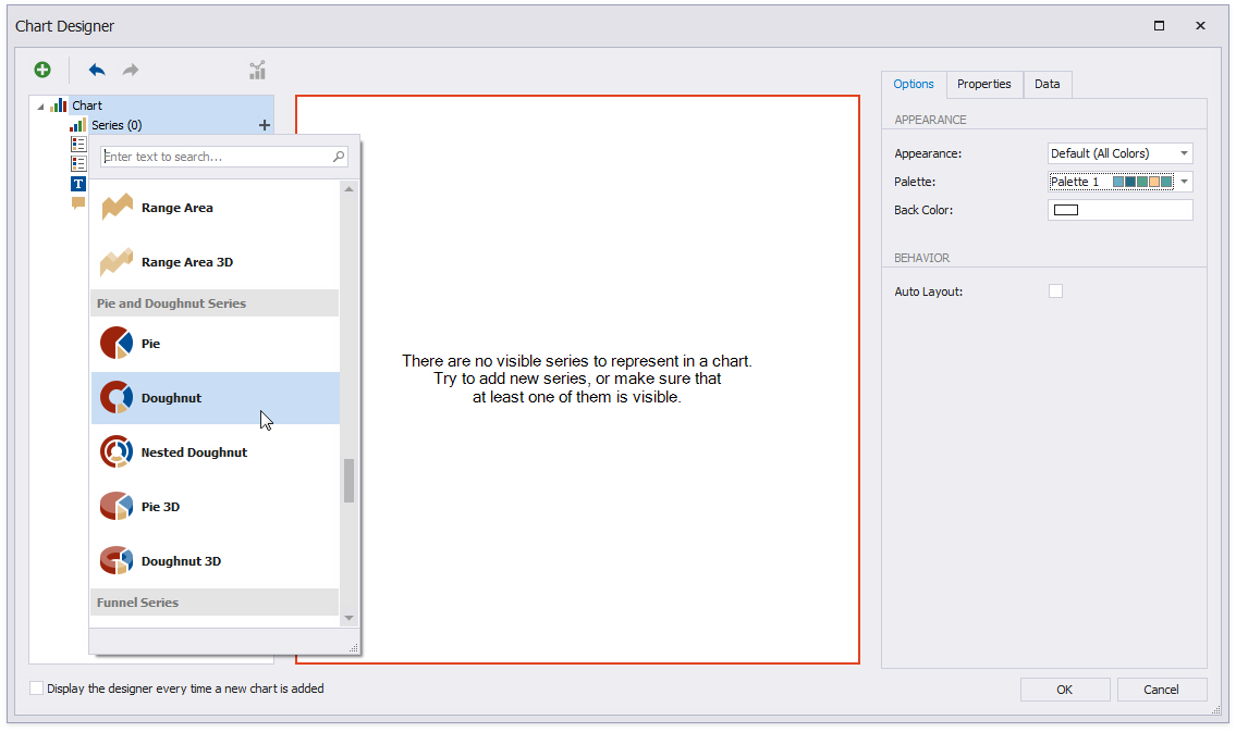 Create a chart series. Click the plus button next to the **Series** node and select the **Doughnut** series type.