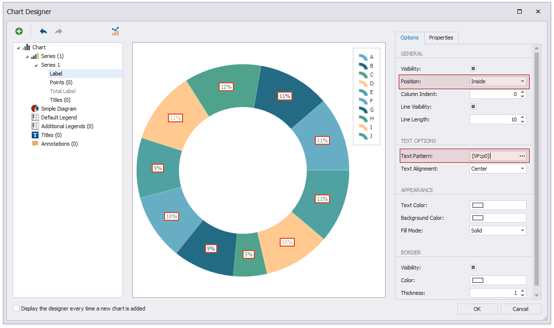 Specify display point labels inside the chart slices. Select the **Label** node and switch to the **Options** tab. Set the **General | Position** property to _Inside_. Set **Text Options | Text Pattern** to _{VP:0%}_.