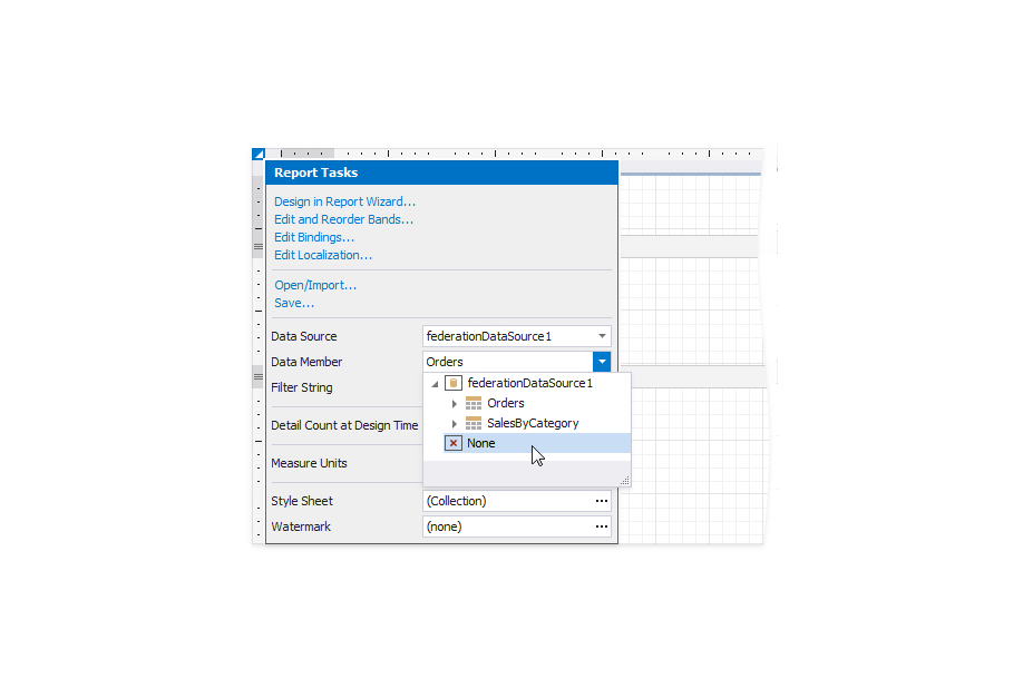 The report is bound to the created data source and data member. Expand the report's smart tag and set **Data Member** to _None_.