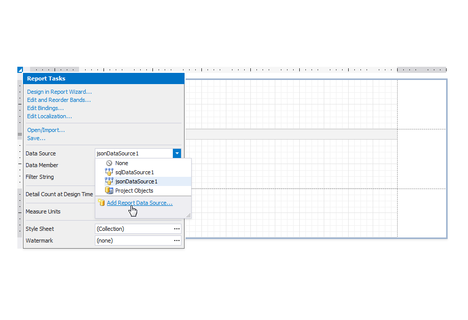 Click the report's smart tag, expand the **Data Source** property's drop-down list, and select **Add Report Data Source** to invoke the **Data Source Wizard**.