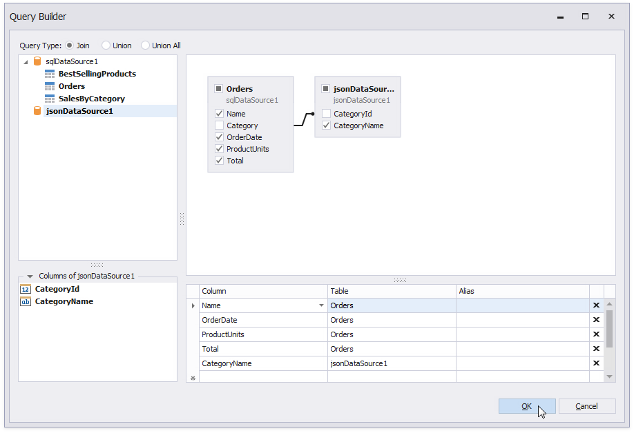 Create a query that joins the SQL data source's **Orders** table with JSON data as shown on the image and click **OK**.