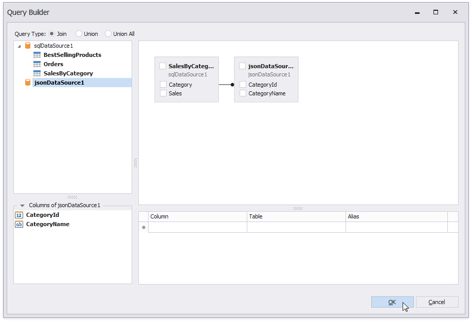 Click **Add Query** to invoke the **Query Builder** again. Create a query that joins the SQL data source's **SalesByCategory** table with JSON data and click **OK**.