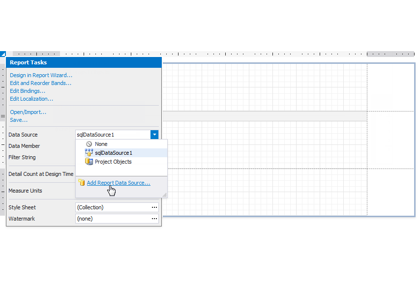 Click the report's smart tag, expand the **Data Source** property's drop-down list, and select **Add Report Data Source** to invoke the **Data Source Wizard**.