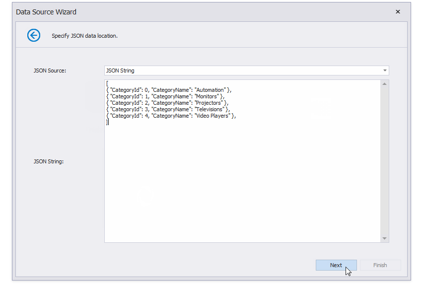 Set **JSON Source** to *JSON String*, specify the **JSON String** as shown on the image, and click **Next**.