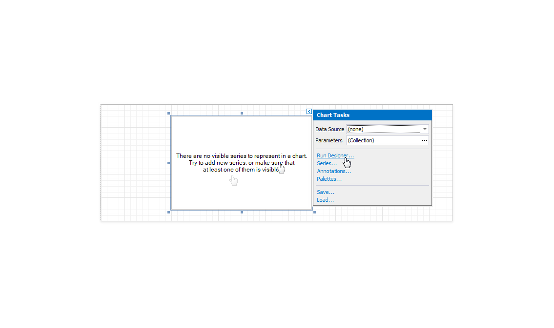 If you disabled the **Display the designer every time a new chart is added** option in the **Chart Designer**, expand the new chart's smart tag and click **Run Designer**.