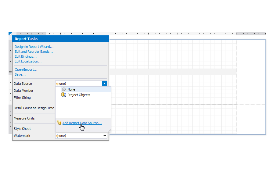 Click the report's smart tag, expand the [Data Source](xref:DevExpress.XtraReports.UI.XtraReportBase.DataSource) property's drop-down list, and select **Add Report Data Source** to invoke the [Data Source Wizard](xref:120164).