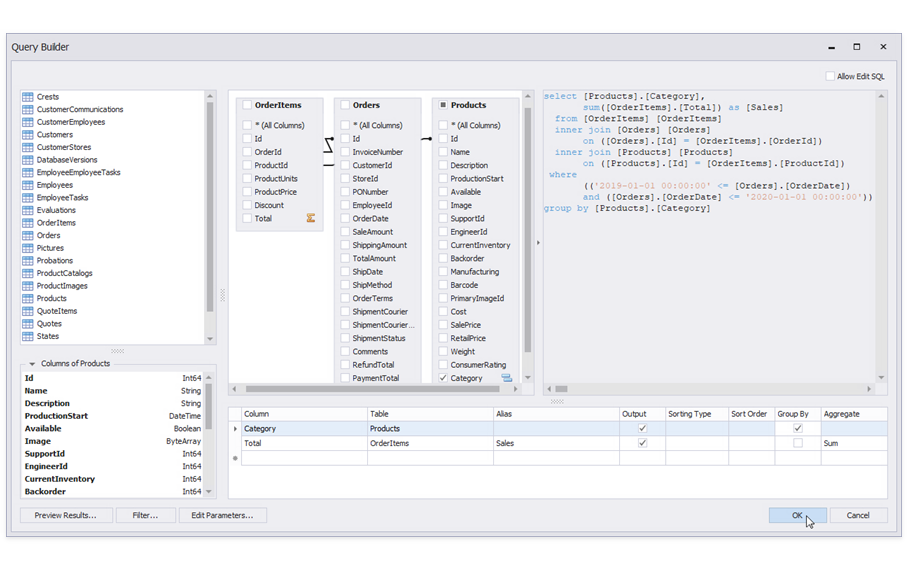 Create another query as shown on the image. Click **OK** to close the **Query Builder** and rename the new query to **SalesByCategory**.