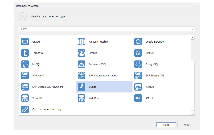 Select **SQLite** and click **Next**.