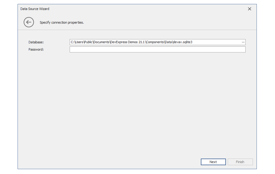 Set **Provider** to _SQLite_, select the **devav.sqlite3** database that is included in the **DevExpress Demo Center** installation, and click **Next**.