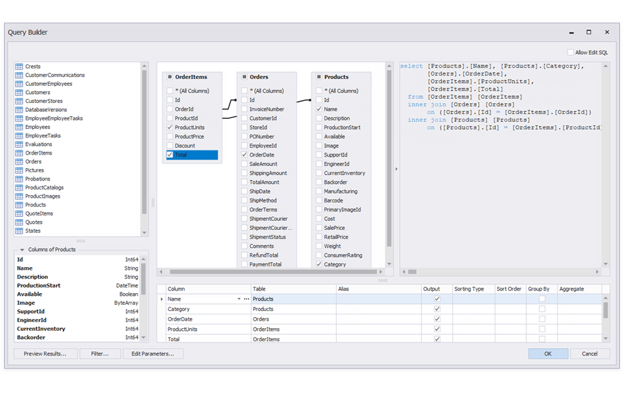 Build a query that joins the **OrderItems**, **Orders**, and **Products** database tables as shown on the image and click **OK**.