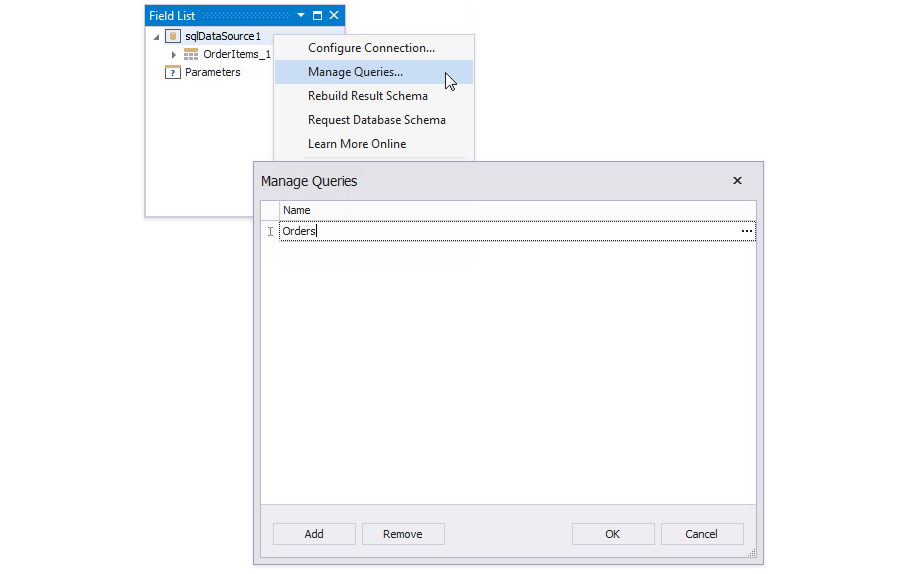 Switch to the [Field List](xref:4259), right-click the created data source, and select **Manage Queries** from the context menu. Rename the query to _Orders_ in the invoked **Manage Queries** dialog.