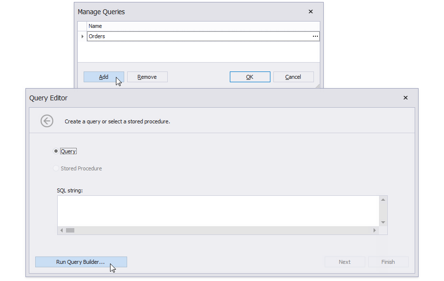 Click **Add** in the **Manage Queries** dialog, then click **Run Query Builder**.