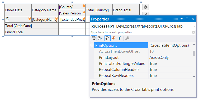 Cross Tab Print Options