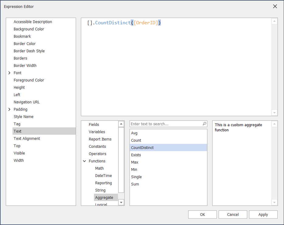 Custom Aggregate Function in Expression Editor