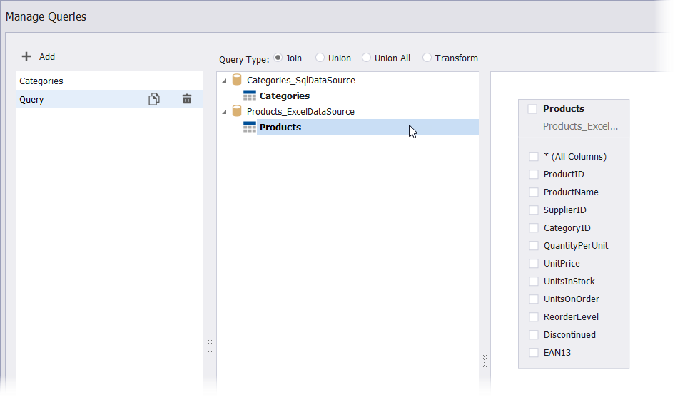 Manage Queries dialog - add a table to the query