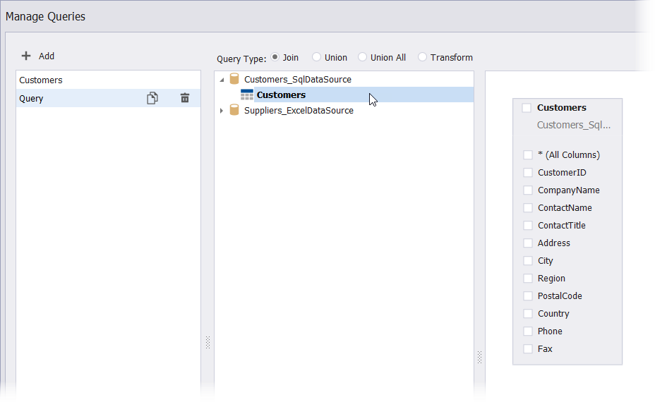 Manage Queries dialog - add a table to the query