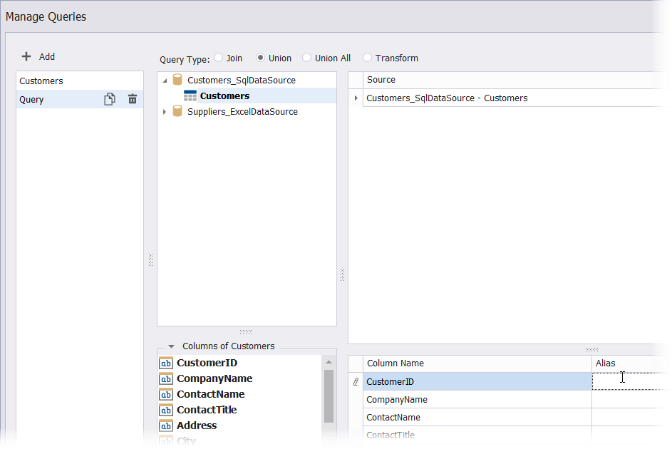 Manage Queries dialog - configure data fields