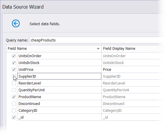 Select data fields - configure fields