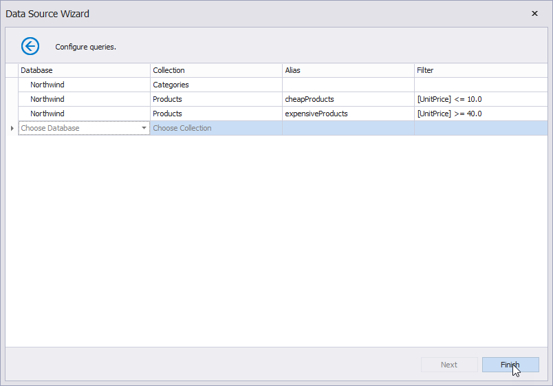 Configure queries to a MongoDB instance