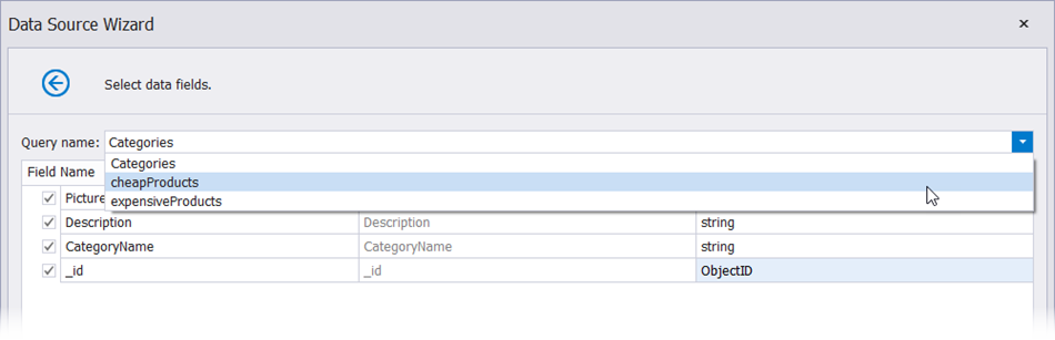 Select data fields - drop-down menu