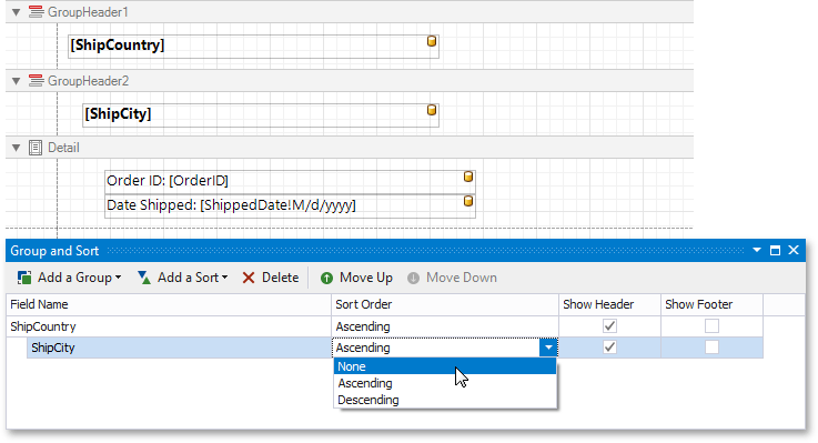 Group and Sort panel