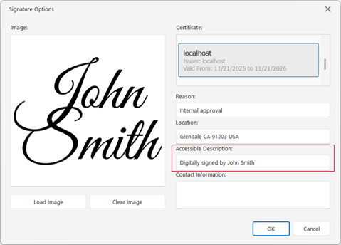 Signature accessible description property
